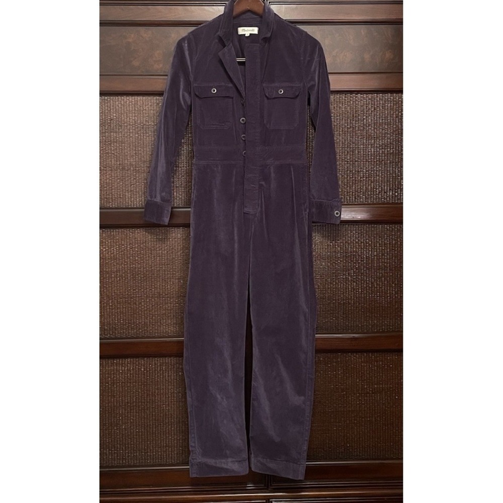 Madewell Purple Eggplant Stretchy Velvet Velveteen Slim Coverall Jumpsuit Sz 00 - Picture 3 of 13